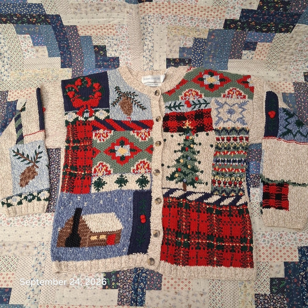 90s Vintage Robert Scott Ltd Hand Knit Christmas Plaid Cardigan Sweater Large